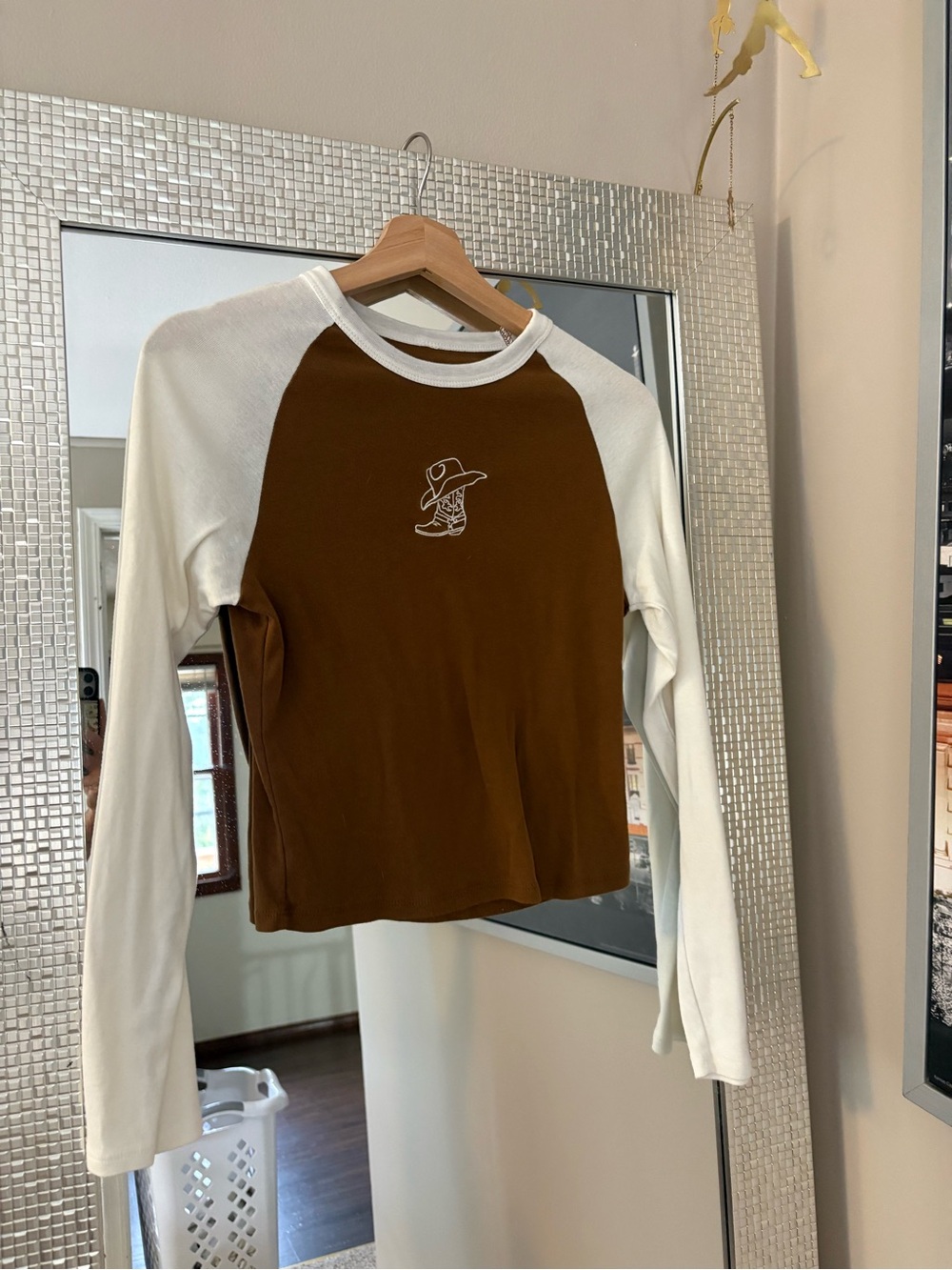 Womens Brown and White Raglan Long Sleeve Top